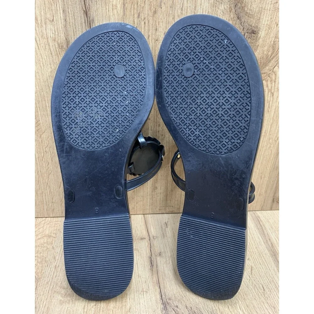 Tory Burch Jelly Thong Sandals Black Gold Logo Pearl Medallion Women's Size 9